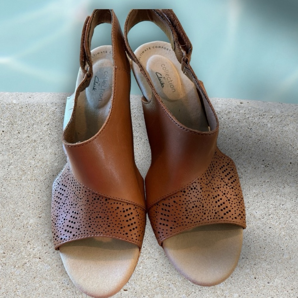 Clarks Tan Perforated Wedges